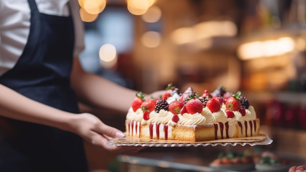 Foto la mano di una donna che prende la torta in una pasticceria