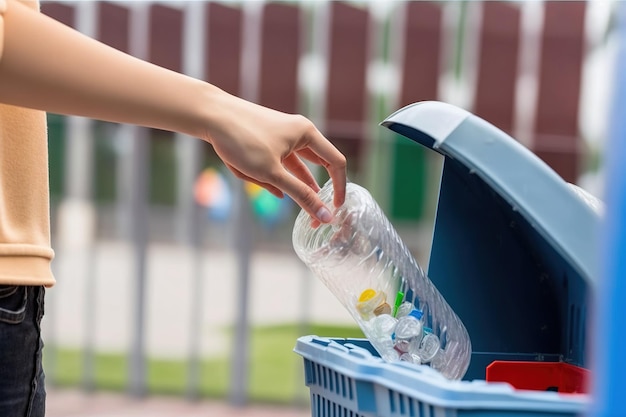 Aiが生成した公園のリサイクルコンテナに女性の手でプラスチックが投げ込まれる