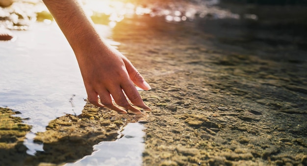 Woman's hand touching water in the midst of nature