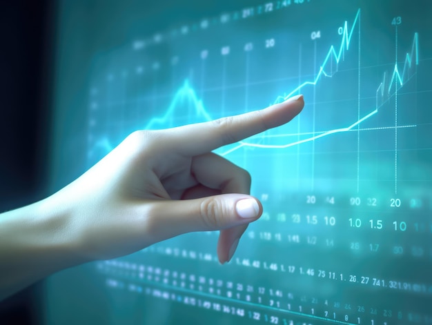 Woman's hand using a futuristic interactive screen with business charts AI generative