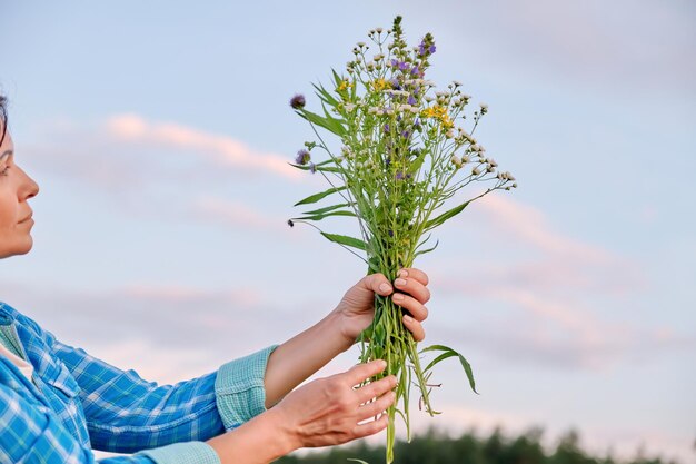 Woman's hand with bouquet of wildflowers sky in clouds background