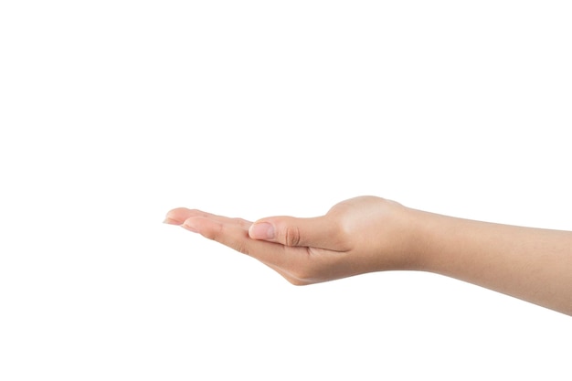 Woman's hand with the palm extended as a sign of receiving something with copy space