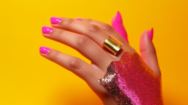 A woman's hand with a pink manicure and a gold ring