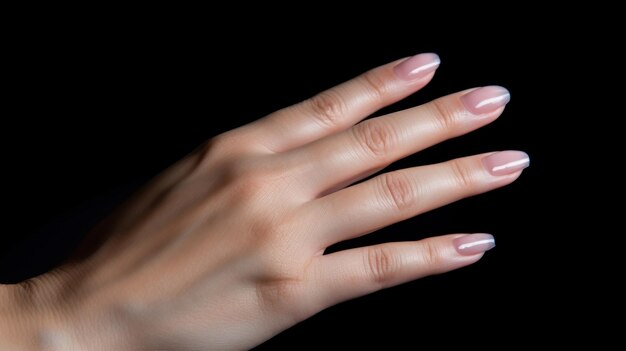 a woman's hand with pink manicure on the middle finger.