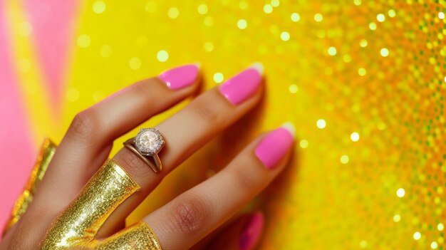 A woman's hand with pink nails and a diamond ring on her finger