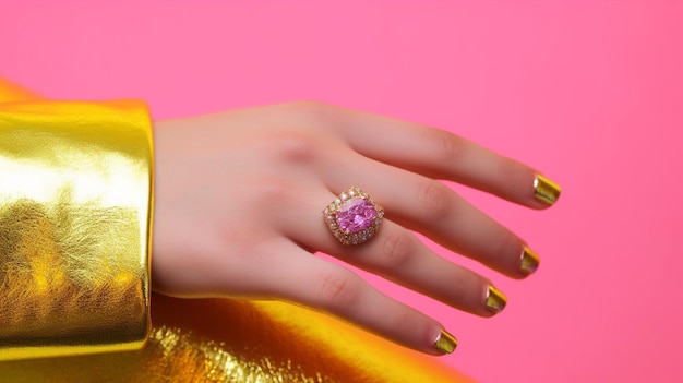 A woman's hand with a pink stone on her finger