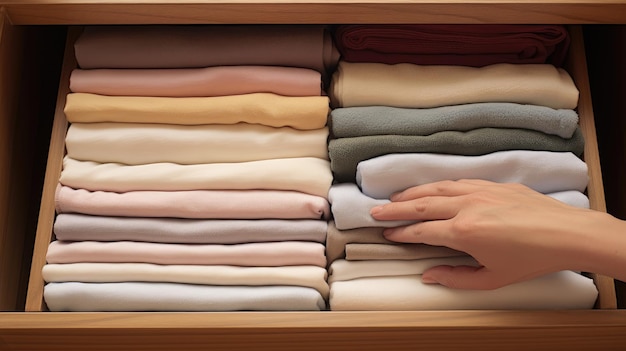 Photo a woman's hands carefully and neatly folding towels using marie kondo's method a closeup view from above to emphasize the precision of the folding technique