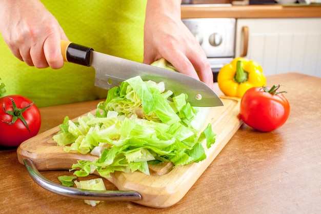 Woman's hands cutting lettuce, behind fresh vegetables.