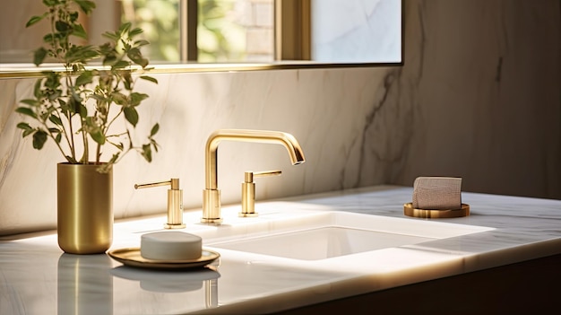 a woman's hands delicately washing with gentle water flow from a golden faucet in the sleek sink the simplicity and elegance of the scene