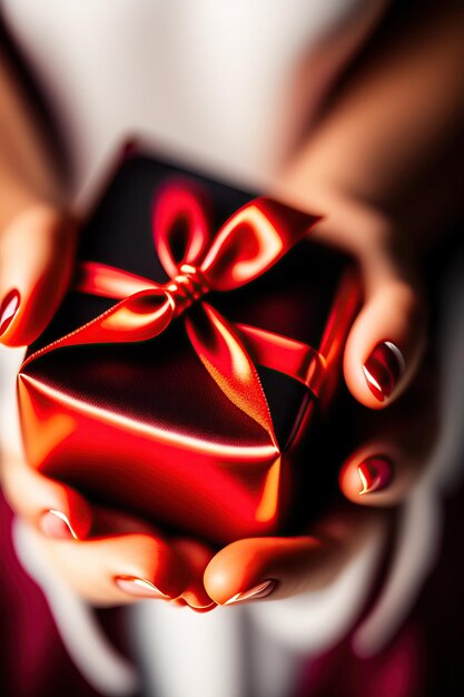 Woman's hands hold christmas or new year decorated gift box