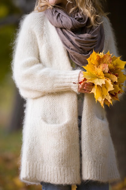 晴れた日に公園で明るい秋のカエデの葉の美しい束を保持している女性の手