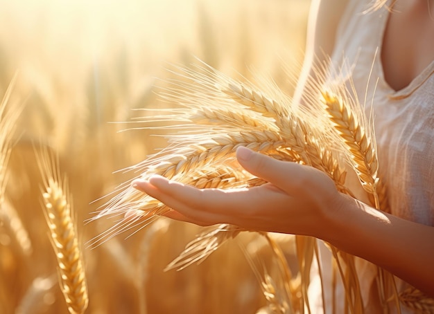 A woman's hands holding a bunch of wheat stalks in a wheat field