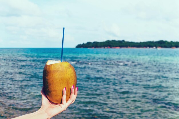 Woman s hands holding coconut on tropical beach