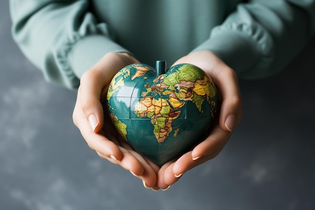 Woman's hands holding a globe on a gray background Earth and Ozone day concept