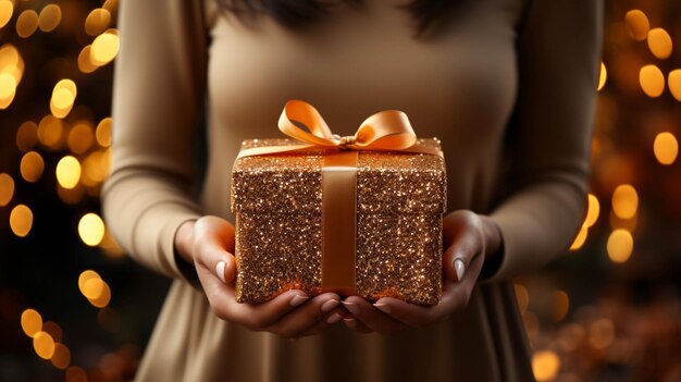 Woman's hands holding a golden gift box on a golden background