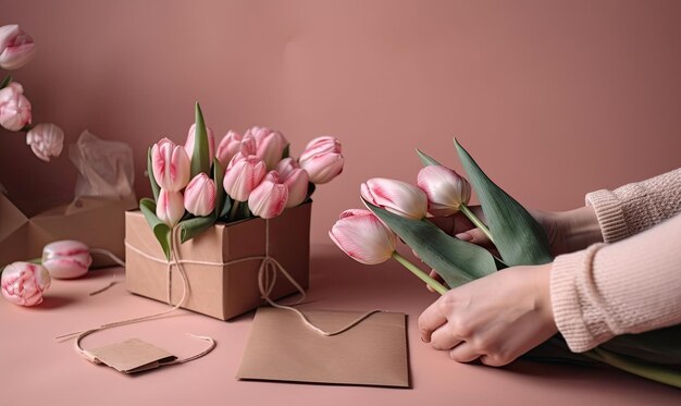 Woman's hands holding a letter in craft envelope Pink background Mother's day concept generative AI