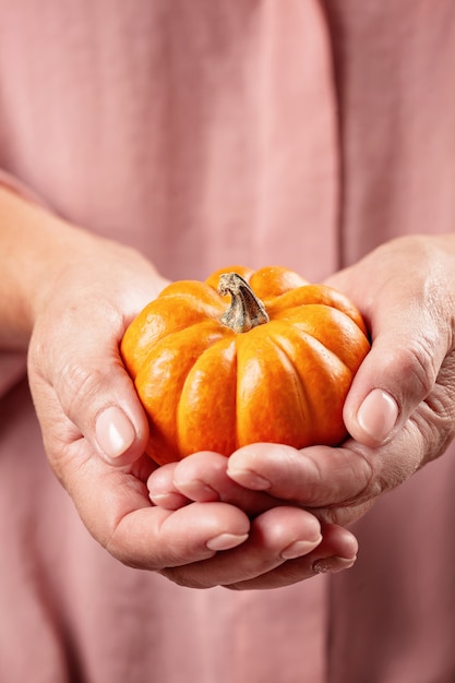 Le mani della donna che tengono zucca