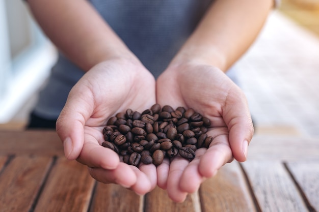 Mani della donna che tengono e che mostrano i chicchi di caffè