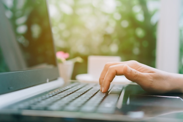 Le mani della donna che per mezzo di un computer portatile