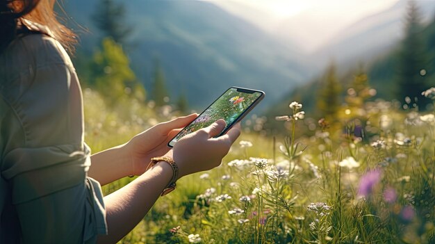 Foto le mani di una donna che usa un telefono cellulare sullo sfondo naturale panoramico che evidenzia la comodità di rimanere connessi mentre si gode la natura