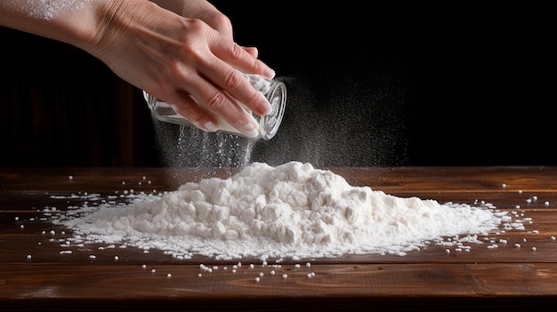 woman 's hands with flour on dark background