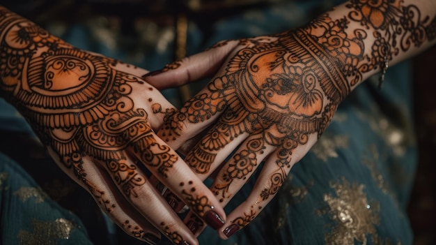 A woman's hands with henna tattoos on them