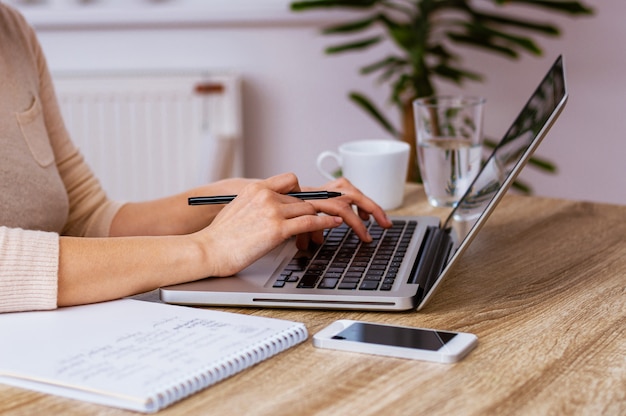 Le mani della donna che lavorano su un lap top