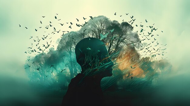 A woman's head is silhouetted against a background of trees and birds.