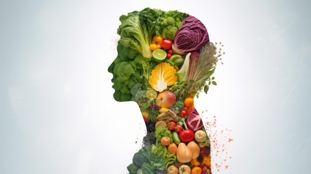 A woman's head made up of fruits and vegetables