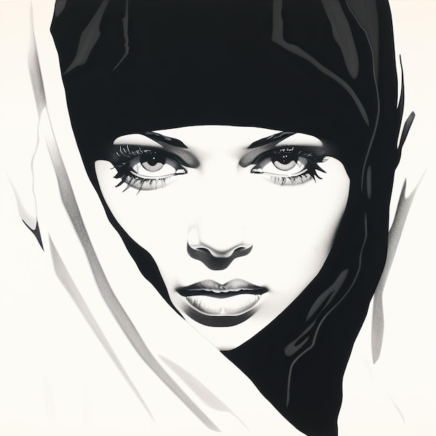 Woman's head with balaclava black and white silk