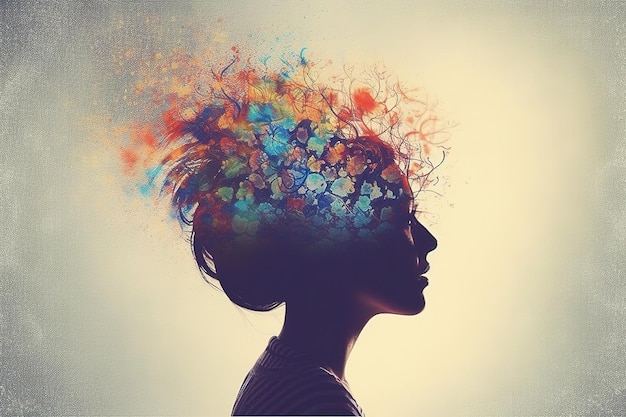 A woman's head with a colorful design and the word mind on it.