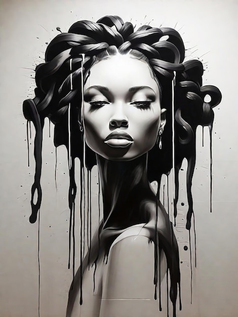 Woman's head with an elaborate updo dripping with black ink or paint 3d wall Dripping ink Blank women