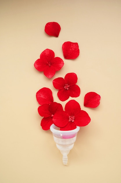 女性の健康の概念。赤い花と月経の透明なカップ。上面図。