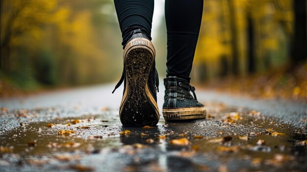 Woman's legs hiking in asphalt road copy space