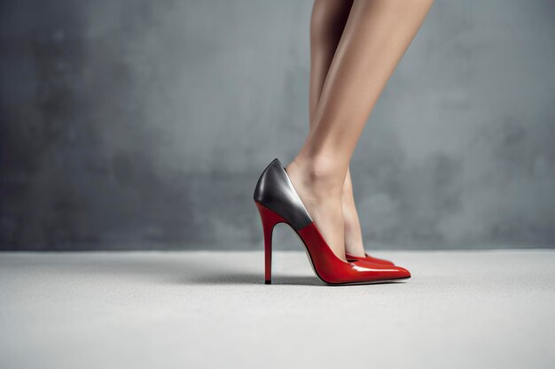 빨간색 하이힐 신발을 입은 여자의 다리는 고 아름다운 다리는 공간을 복사합니다.