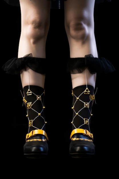 A woman's legs in stylish black and gold shoes