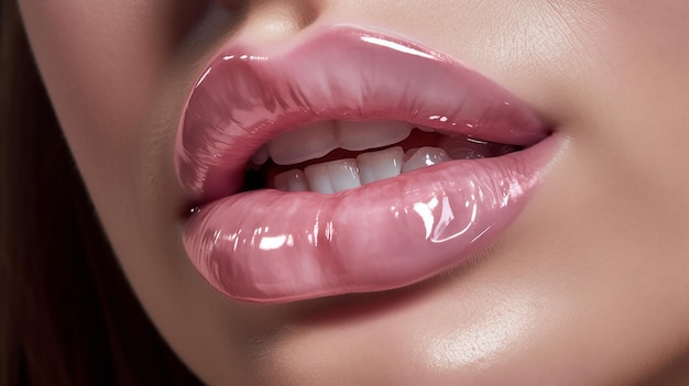 A woman's lips are shown with a pink lip gloss.