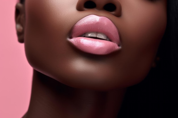 女性の唇にはピンクの口紅が描かれています。