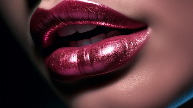 A woman's lips are shown with a shiny pink lip.