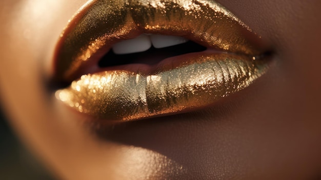 A woman's lips with gold paint and a black nose.