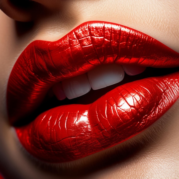 Photo a woman's lips with shiny red lipstick.