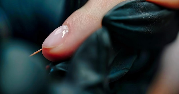 A woman's nail is covered in a black cloth.