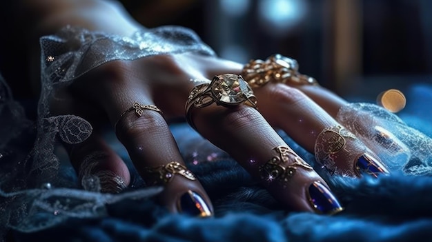 A woman's nails are covered in gold jewelry.