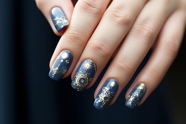 a woman's nails with gold and silver glitter and a gold star