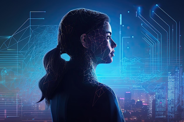 Woman's profile is shown in front of a futuristic cityscape and an abstract circuit background