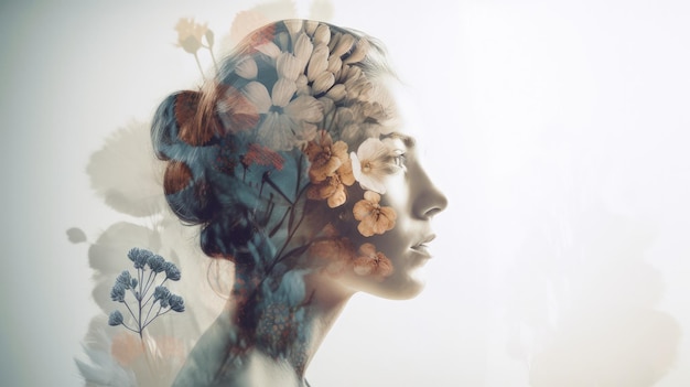 A woman's profile with flowers in her hair generative AI