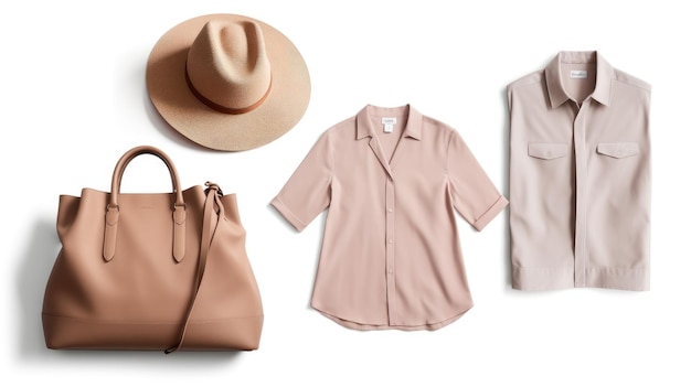 A woman's shirt, a bag, a hat, and a bag