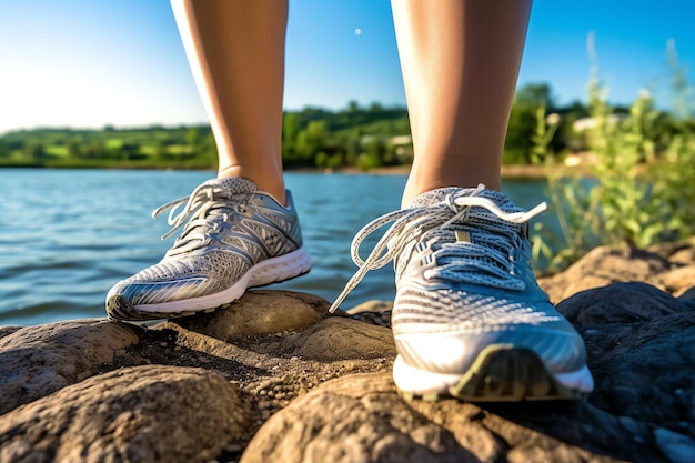 A woman's shoes are shown on a rock by a lake.