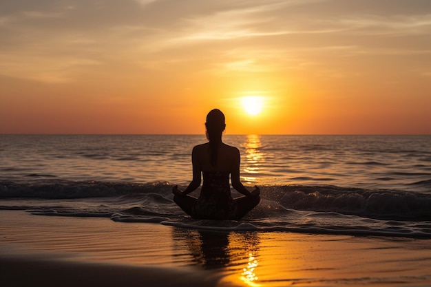 A woman's silhouette doing yoga or meditation on a beach at sunrise representing mindfulness