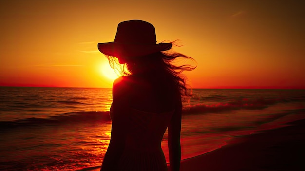 Foto la siluetta della donna che guarda il tramonto della spiaggia